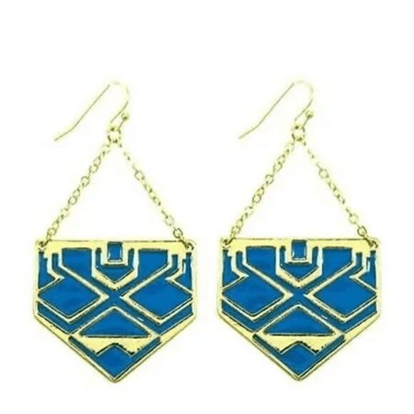 2/$21 Ladies Blue Gold Aztec Dangle Earrings - Picture 1 of 3